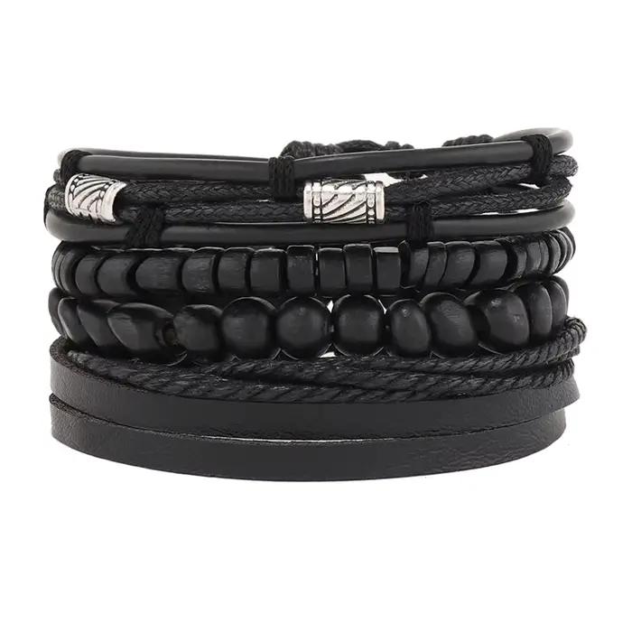 Bracelet en cuir de vache avec perles de bois et alliage style vintage ajustable pour homme