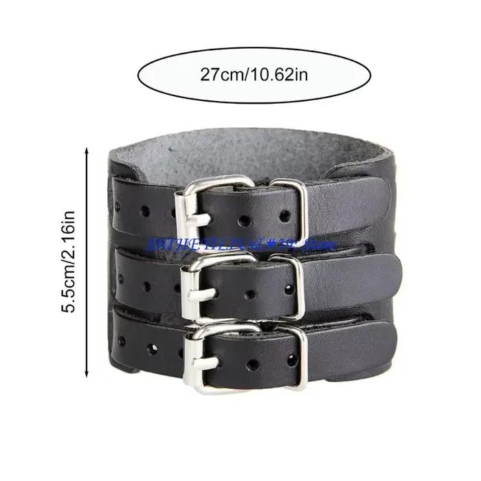 Bracelet manchette en cuir large style punk ajustable avec placage pour homme et femme