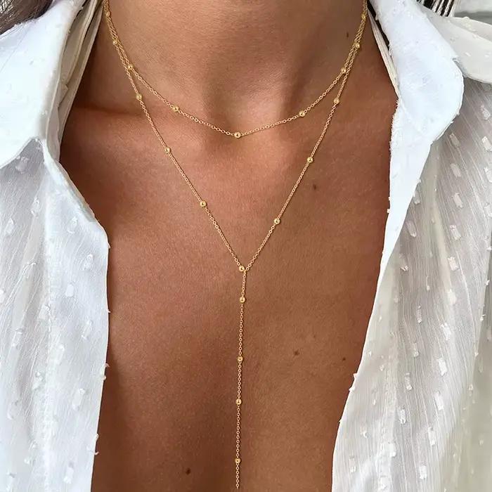 Collier Long délicat plaqué or 14 carats, pendentif en forme de Y, tendance, couches de perles Cz, b