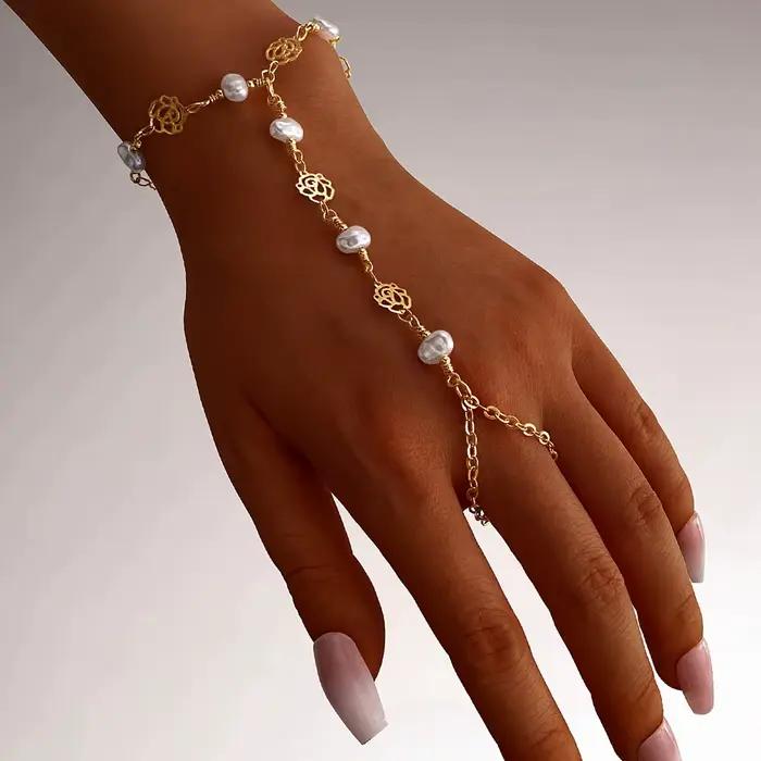 Bracelet de doigt pour femme, série Océan d'été, motif fleur, étoile de mer, perle, couleur or, bijou de main tendance pour les vacances, accessoire cadeau