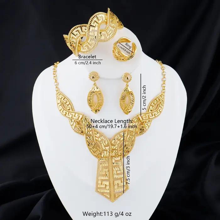 Parure de bijoux plaqué or 24 carats couleur or – Boucles d'oreilles, collier, bague – Accessoires de luxe pour mariages et fêtes – Cadeaux