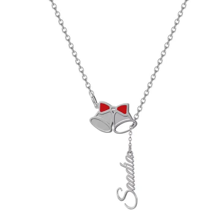 Collier avec nom personnalisé avec cloches de Noël et nœud rouge, bijoux de vacances de Noël plaqués