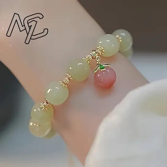 Bracelet en Agate de Jade naturelle plaqué or 18 carats, pêche, exquis, Sexy, pour jeunes filles, bi