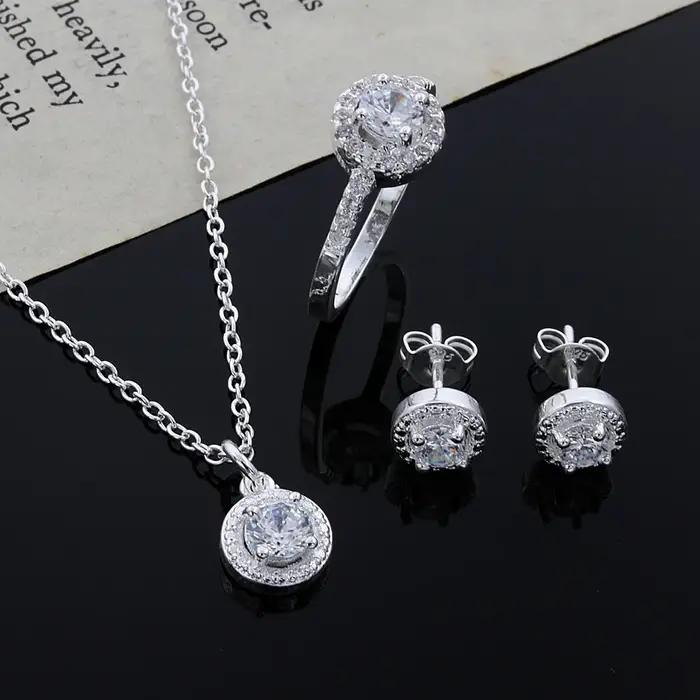 925 argent Sterling mignon solide cadeau de noël noble mode élégante femmes brillant cristal CZ collier boucle d'oreille bague ensemble de bijoux