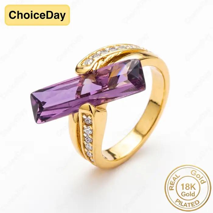 Bague rectangulaire en zircon plaqué or 18 carats, exquise, de couleur violette/jaune/rouge, pour fe