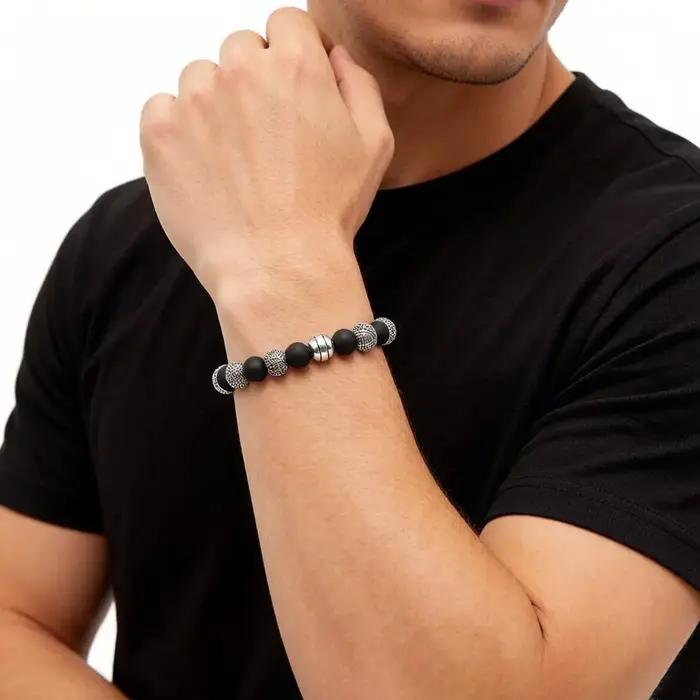 Bracelet en argent Sterling et obsidienne noire pour hommes et femmes