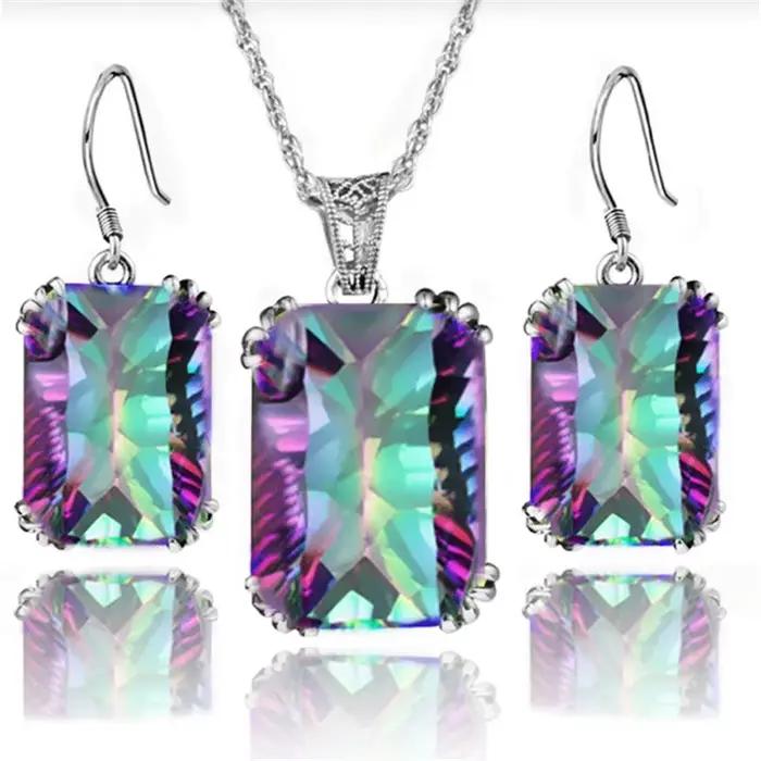 Ensemble de boucles d'oreilles et collier en argent rétro pour femmes, bijoux pour dames, mariage, fiançailles, grand crochet carré en cristal Zircon