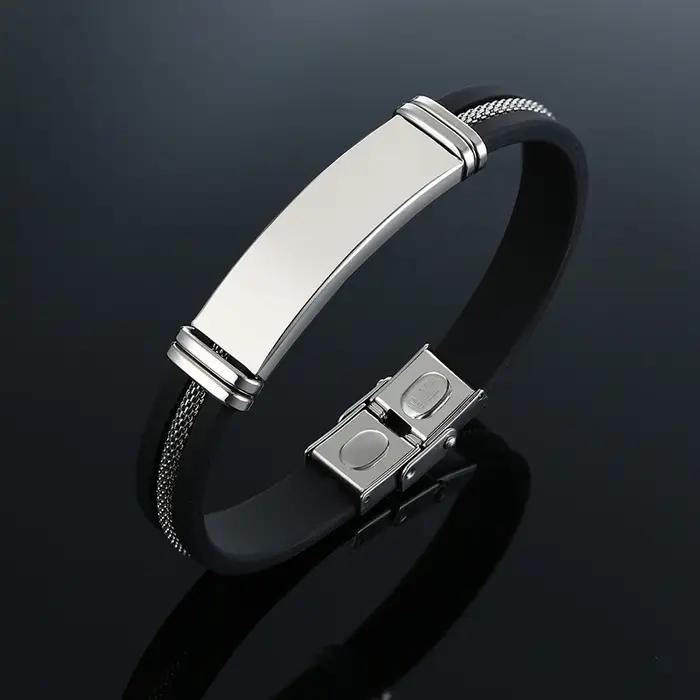 Vnox - Bracelet en acier inoxydable, bracelet pour homme, bracelet punk à maillons en silicone rainuré noir, bracelet punk élégant et décontracté