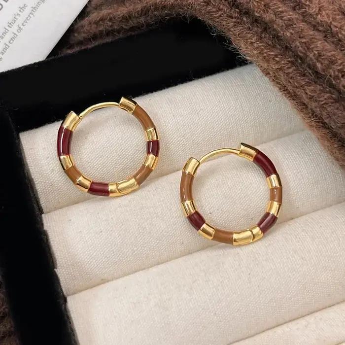 Boucles d'oreilles créoles rondes vintage couleur or en émail pour femme, bijoux fantaisie géométriq
