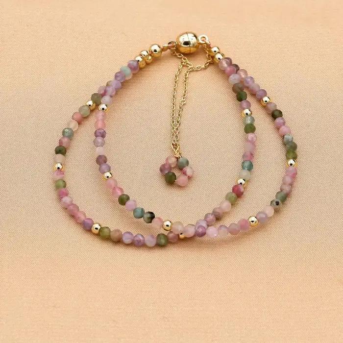 Bracelet Tourmaline Bohème Double Couche Coloré Cristal Perlé Fait Main Femmes Occasions Spéciales