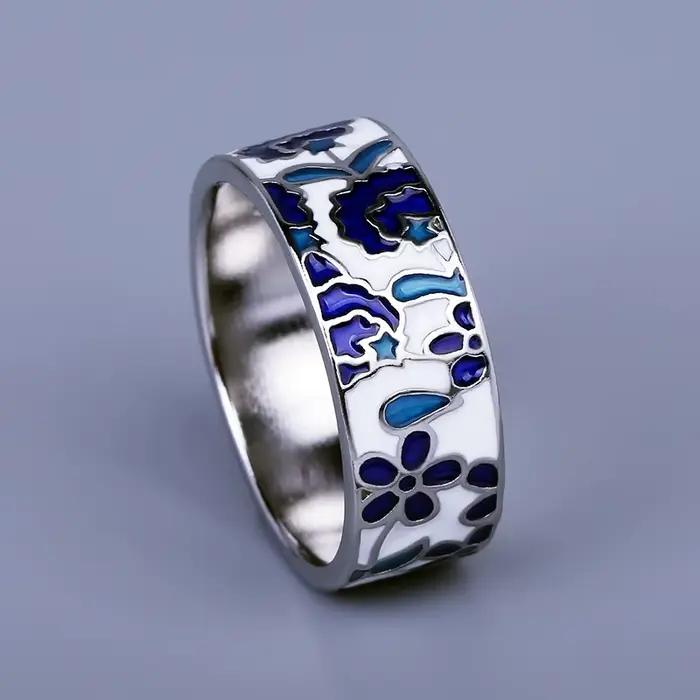 Bague en émail bleu pour femmes, nouvelle collection exquise, fleur, bijoux en émail faits à la main