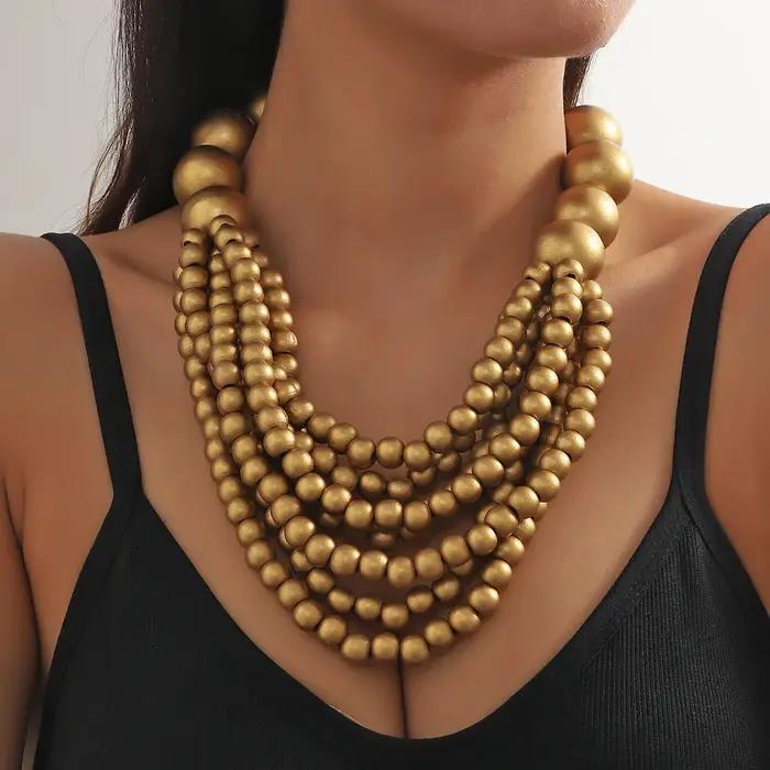 Collier bavoir multicouche en perles de bois pour femmes, Style africain bohème, fait à la main, accessoires de bijoux d'été, collier ras du cou