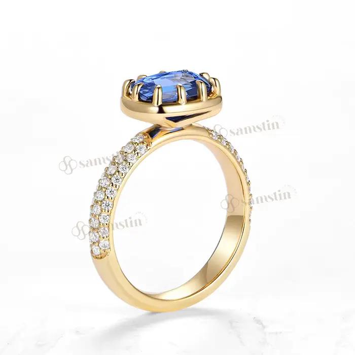 Bague en saphir bleu de laboratoire et or massif 14K pour femmes, alliance de mariage, engagement, cadeau de noël et occasions spéciales