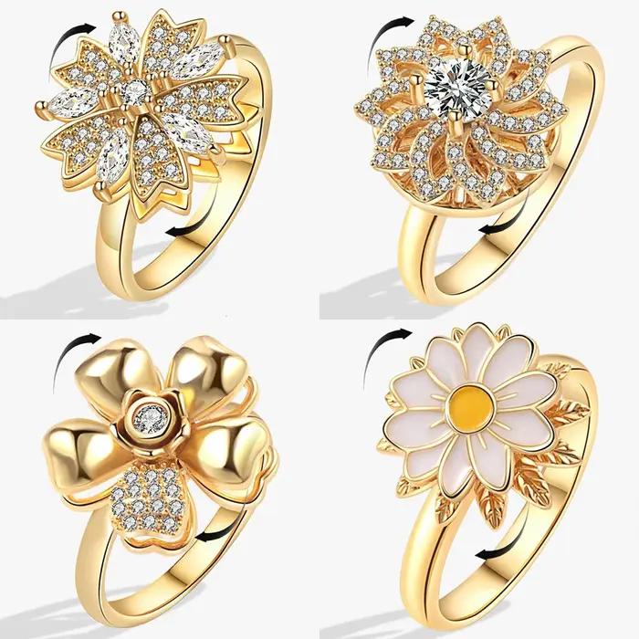 Anneau Anti-Stress et Anxiété pour Femmes Plante Fleurs Couleur Or Bague Déstressante Réglable Occasions Spéciales