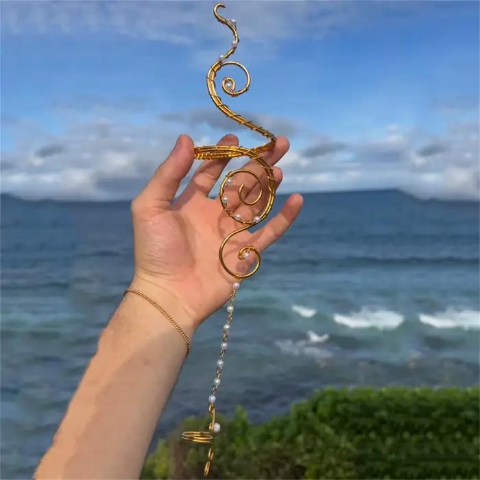 Bracelet spirale bohème avec anneau de doigt en perle, harnais de main en fil métallique, bracelets connectés pour femme, bijoux de plage