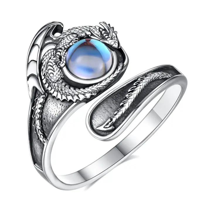 Bague ajustable en argent sterling 925 Eudora avec dragon et pierre de lune, hypoallergénique, bijou