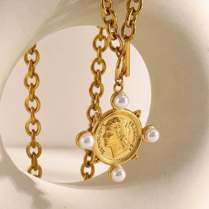 316L acier inoxydable perle ange reine collier Hip Hop étanche ensemble de bijoux femmes 18K plaqué or accessoires
