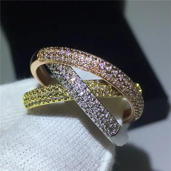 Triple cercles or/or Rose/argent bague trois couleurs bijoux de luxe couleur argent pavé CZ