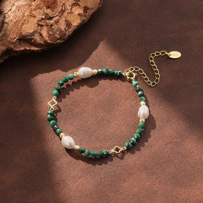Bracelet en argent sterling 925 avec malachite verte naturelle et perles de guérison pour femmes pour les soirées, mariages et autres occasions spéciales