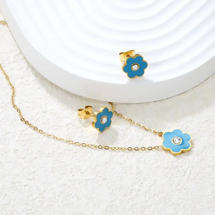 LUXUKISSKIDS – ensemble de bijoux pour filles, couleur rose/bleu, Six pétales de fleurs, collier goutte-huile, boucles d'oreilles, cadeaux d'anniversaire romantiques