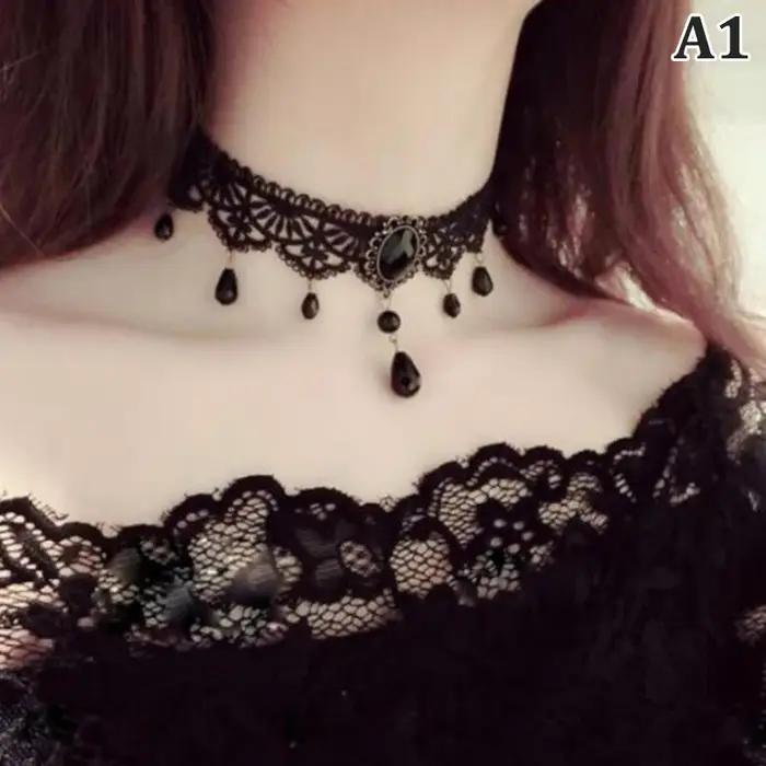Nouveau Sexy gothique Sautoirs cristal noir dentelle cou collier ras du cou Vintage victorien femmes