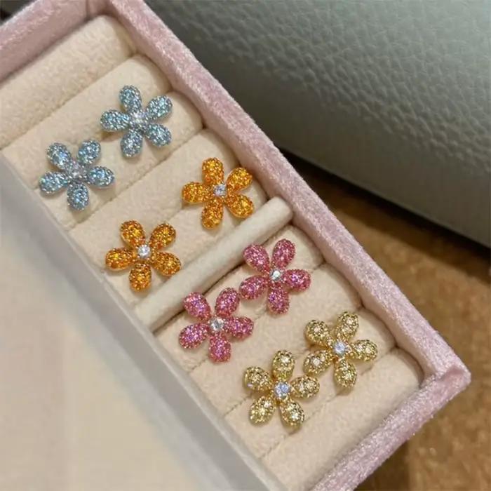 Boucles d'oreilles de luxe pour femmes, série de fleurs colorées, incrustées de diamants, uniques et élégantes, bijoux de mariage, cadeaux