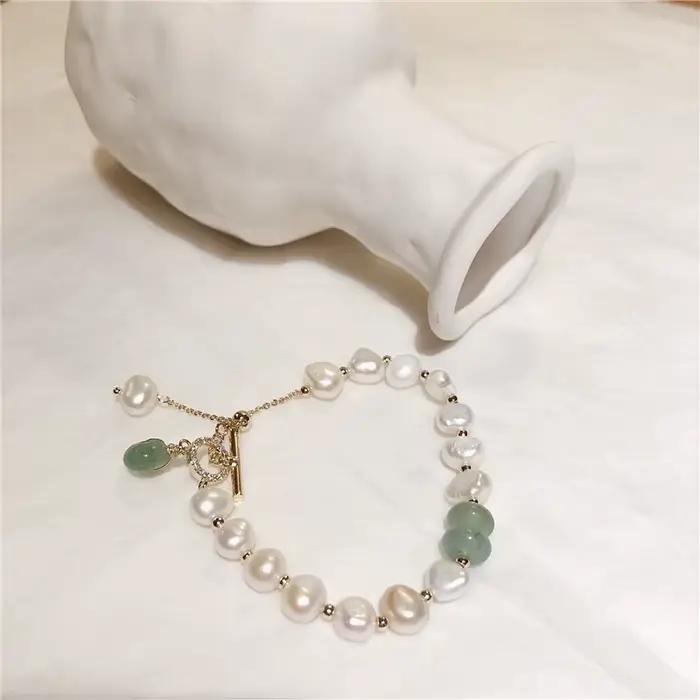 Promotion bijoux pour femmes 14K or rempli naturel perle d'eau douce et pierre de Jade dames bracelet à breloques cadeaux ne se décolore pas