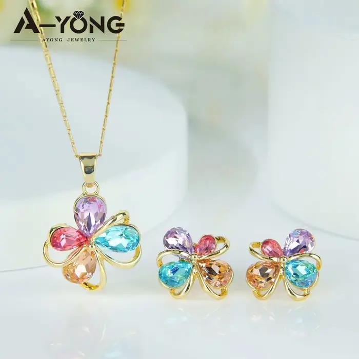 Ensemble de bijoux vintage en cristal zircone colorée 14k collier boucles d'oreilles pour femmes occasions spéciales minimalistes européens rares