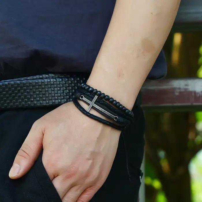 Bracelet rétro à couche croisée pour hommes, Punk noir, cuir de vache tissé à la main, perles réglables, accessoires, bijoux chrétiens