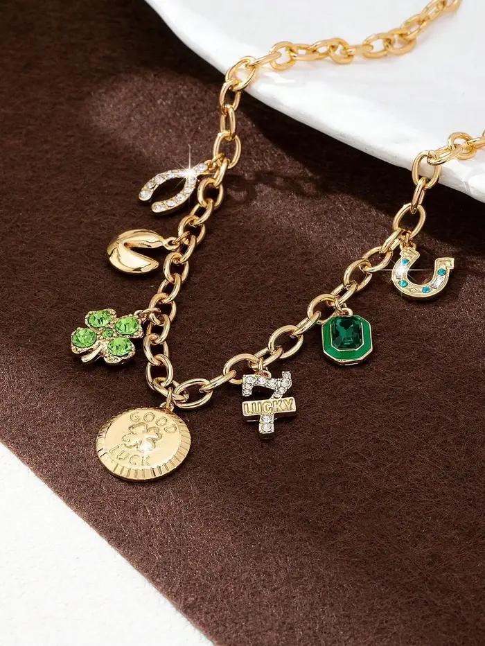 Collier de Trèfle à Quatre Feuilles en Alliage de Zinc avec Strass pour Hommes et Femmes Occasions Spéciales Polyvalent Chic Décontracté