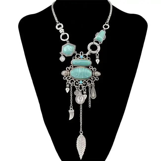 Collier bohème Femme gland Maxi pièce de monnaie cou chaîne turc vert pierre pendentif femmes bavoir