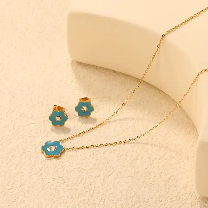 LUXUKISSKIDS – ensemble de bijoux pour filles, couleur rose/bleu, Six pétales de fleurs, collier goutte-huile, boucles d'oreilles, cadeaux d'anniversaire romantiques