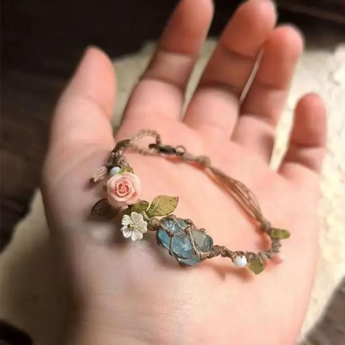 Bracelet en pierres naturelles de quartz rose et aigüe-marine avec filet en macramé et cordon réglable cadeau d'amitié unisexe occasions spéciales