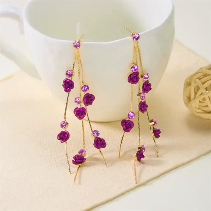 Boucles d'oreilles longues à pampilles en forme de fleur de Rose pour femmes, élégantes, brillantes, colorées, strass, pendantes, bijoux de fiançailles, de fête de mariage