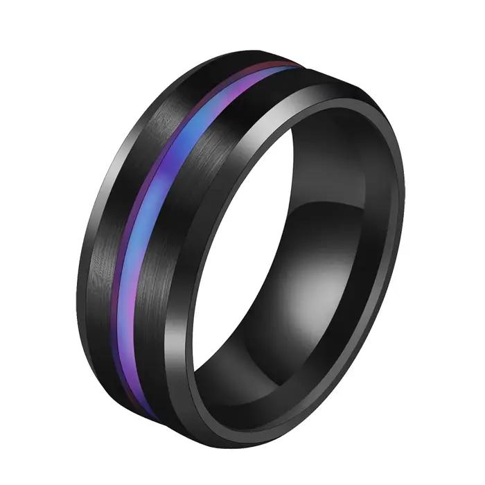 UAGE 8mm bague noire pour hommes femmes rainure arc-en-ciel bandes de mariage en acier inoxydable à la mode anneaux fragiles décontracté bijoux masculins