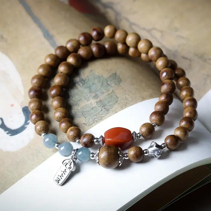Bracelet en bois d'agar à double boucle avec pendentif porte-bonheur en argent 925 et perles d'agate