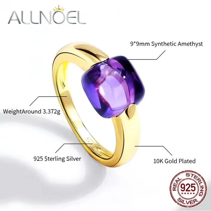 Bague carrée en argent Sterling 925 plaquée or 10K avec pierres précieuses incrustées pour femmes occasions spéciales cadeau de fête