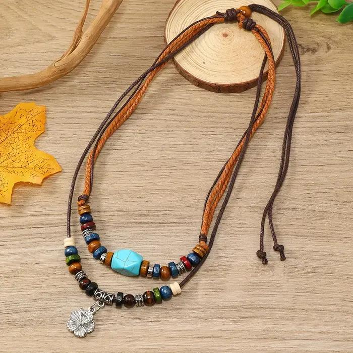Collier en bois vintage style ethnique boho chic pour femmes multicouche réglable occasions spéciales