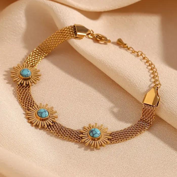 Bracelet en maille tissée bleu turquoise avec motif tournesol pour femmes occasions estivales et élégantes