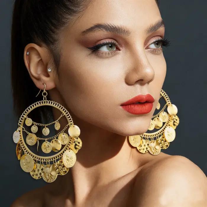 Boucles d'oreilles vintage tribales grand pendentif motifs géométriques bohèmes pour femmes occasions spéciales Halloween Noël cadeau fête