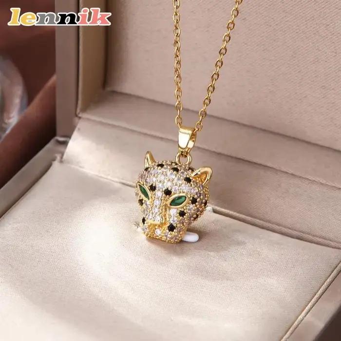 Collier Panthère en Zircone Acier Inoxydable avec Chaîne Croisée pour Femmes Occasions Spéciales Minimaliste
