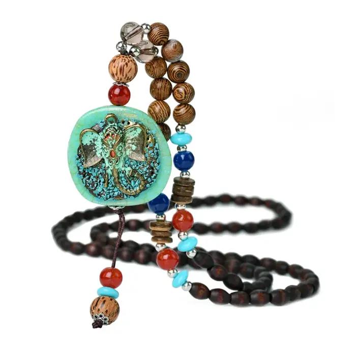 Collier Long Vintage en Perles de Bois Turquoise, Fait à la Main, Bijoux à la Mode, pour Femme