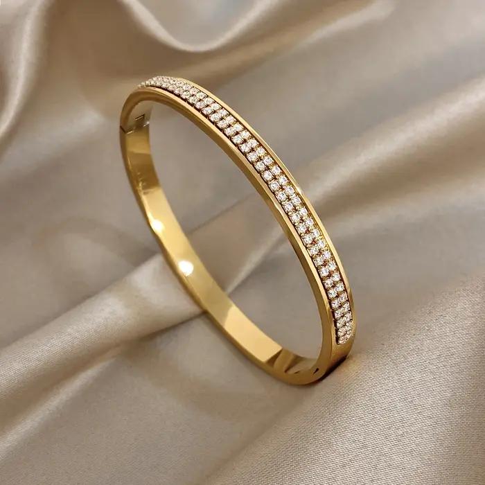 Greatera – Bracelet ovale en strass doré, à la mode, deux rangées de diamants incrustés de perles en acier inoxydable pour femmes, nouveau