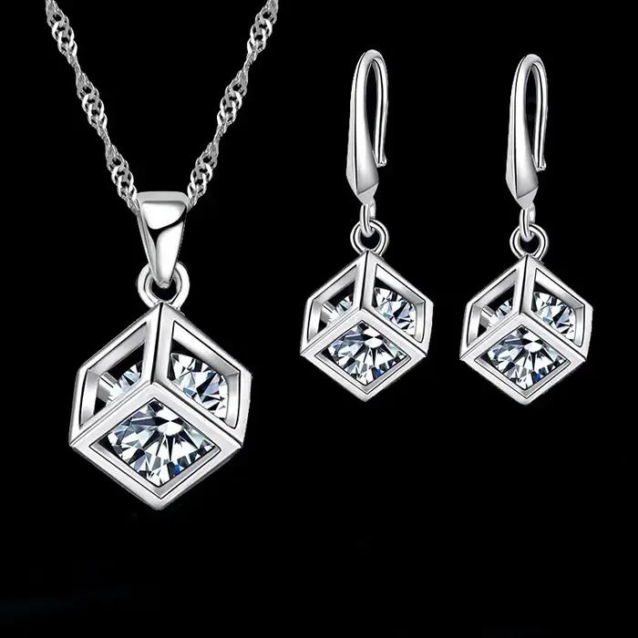 Happy Cube – ensemble de bijoux fins en argent Sterling 925 véritable, pendentif carré en zircone cu