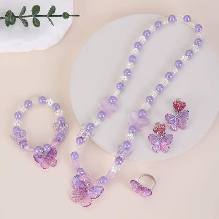 Bracelet princesse pour filles, bijoux en perles, collier papillon de dessin animé, bague, boucles d'oreilles, costume pour enfants