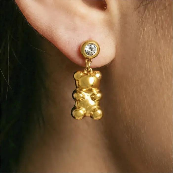 Boucles d'oreilles pendantes en forme d'ours en acier inoxydable plaqué or avec zircon cubique pour femmes pour diverses occasions