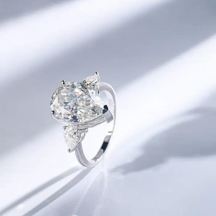 Bague de fiançailles LinkerLove en argent S925 avec 3 pierres en moissanite taille poire 6 carats