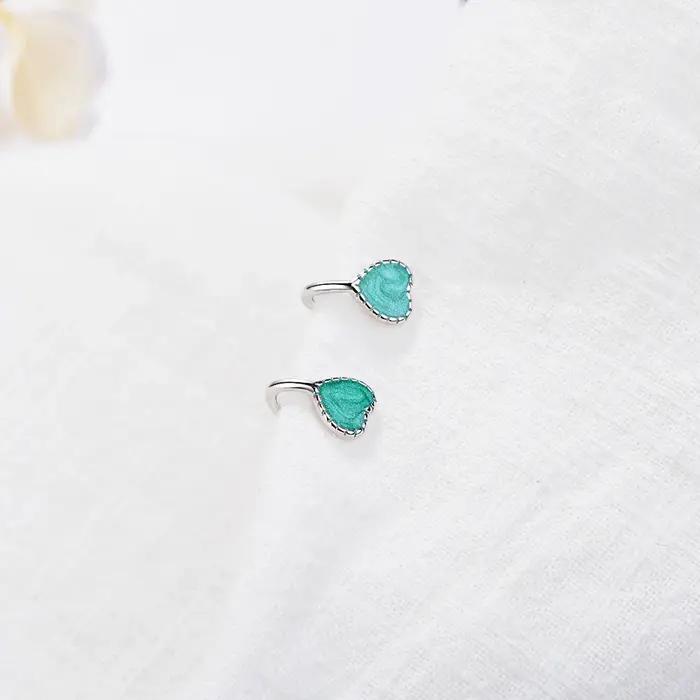 Boucle d'oreille clip coeur en argent 925 pour enfants, rose, vert, émail, jolie boucle d'oreille po