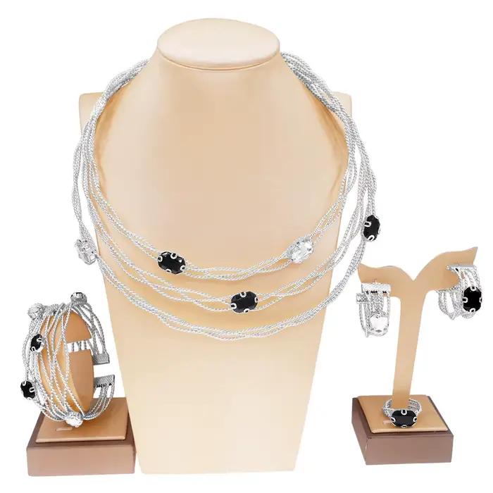 SYBathroom-Ensemble de Bijoux de Luxe pour Femme, Classique, Noir, Blanc, Strass, Plaqué Or, Collier, Bracelet, Original, L 24K