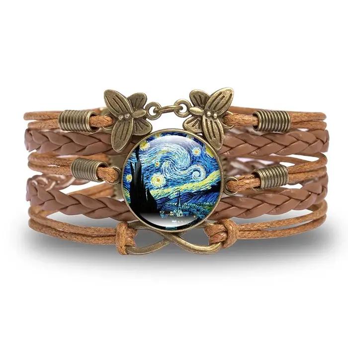 Vintage Van Gogh nuit étoilée dôme en verre Bracelet en cuir Bronze plaqué papillon Bracelets pour femme